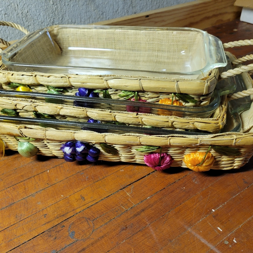 Vintage Anchor Hocking Casseroles With Woven Carriers